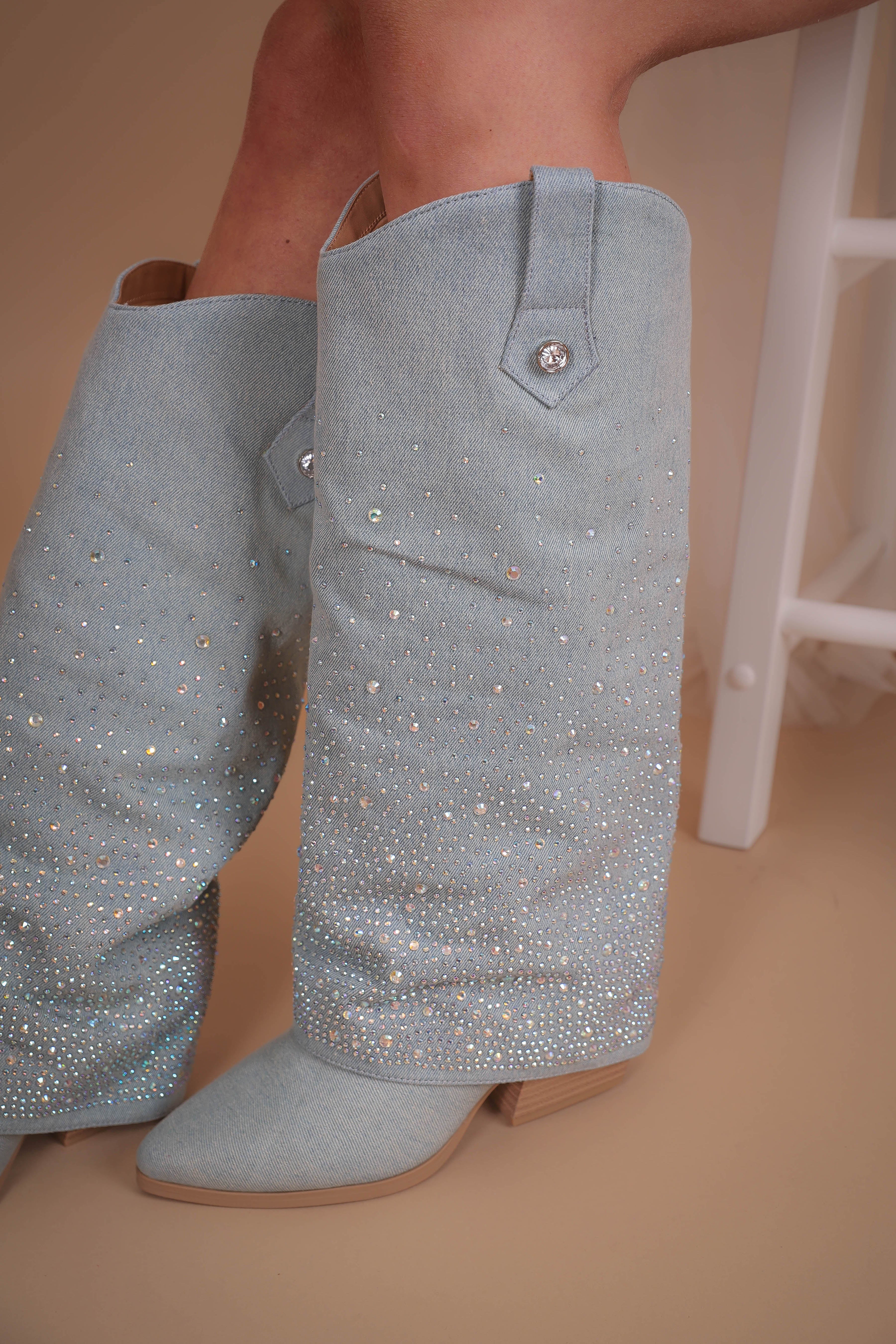 Margot Rhinestone Denim Boots - Image 7